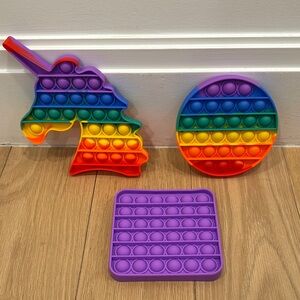 Rainbow Unicorn, Rainbow Circle and Purple Square Pop It Fidget Toy Set